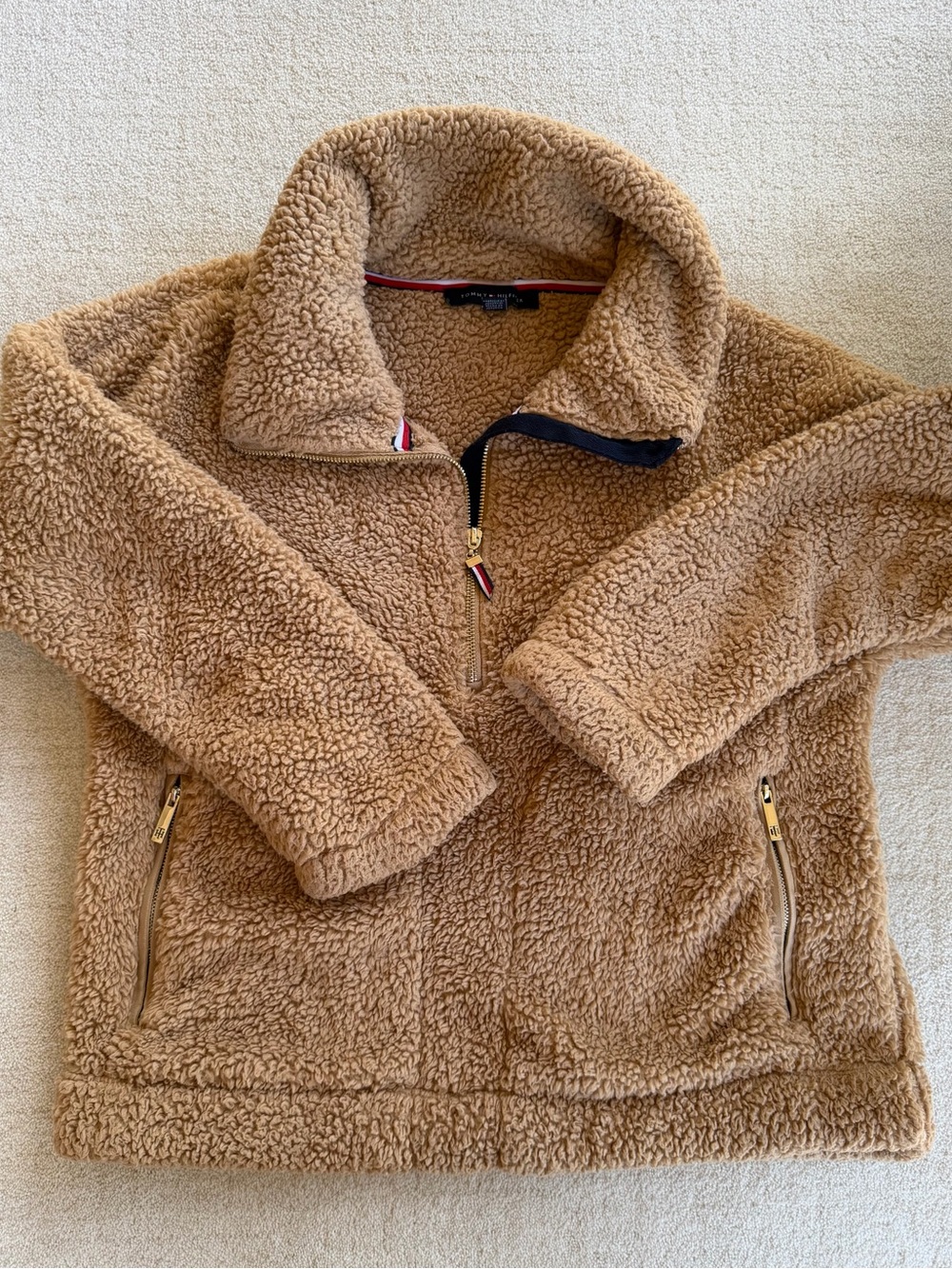 Tommy Hilfiger Womens Small Teddy Sherpa Fleece Pullover 1/4 Zip Tan Cozy